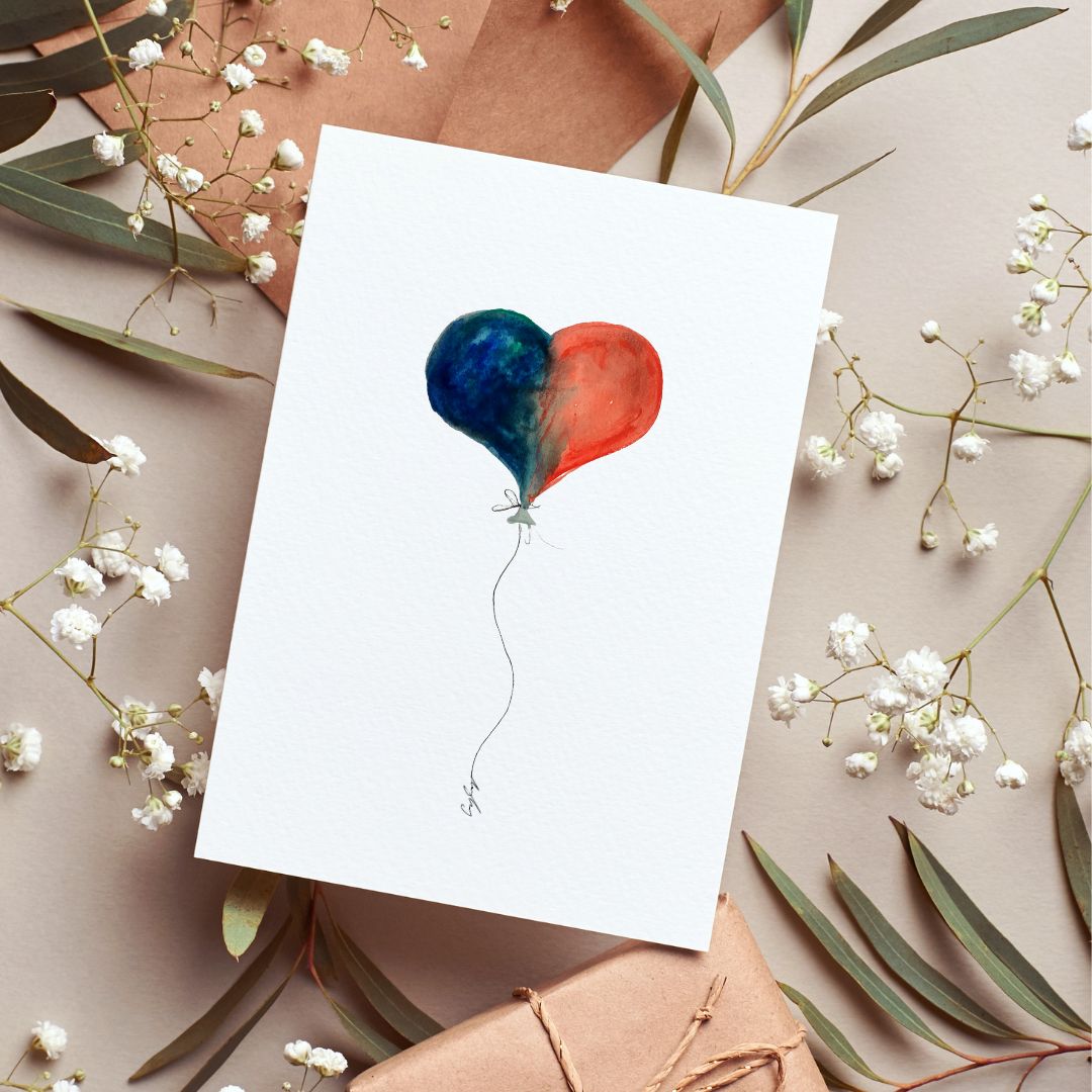 Love Balloon | Red/Blue Heart | Recycled Greetings Card